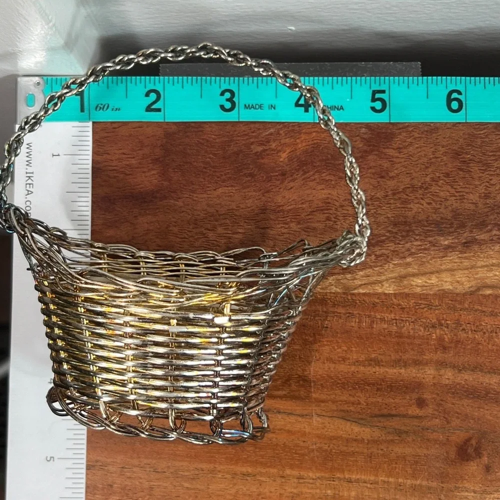 Vintage Miniature Woven Wire Basket Mixed Metal Silver Gold Tone Trinket Decor